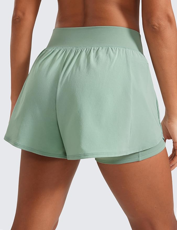 CRZ YOGA 2 in 1 Double Layer Running Shorts for Women 3" - High Waisted for Athletic Tennis Workout with Zip Pockets
