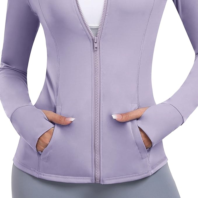 Women's Athletic Full Zip Lightweight Workout Jacket With Pockets Running Slim Fit Yoga Sportwear With Thumb Holes