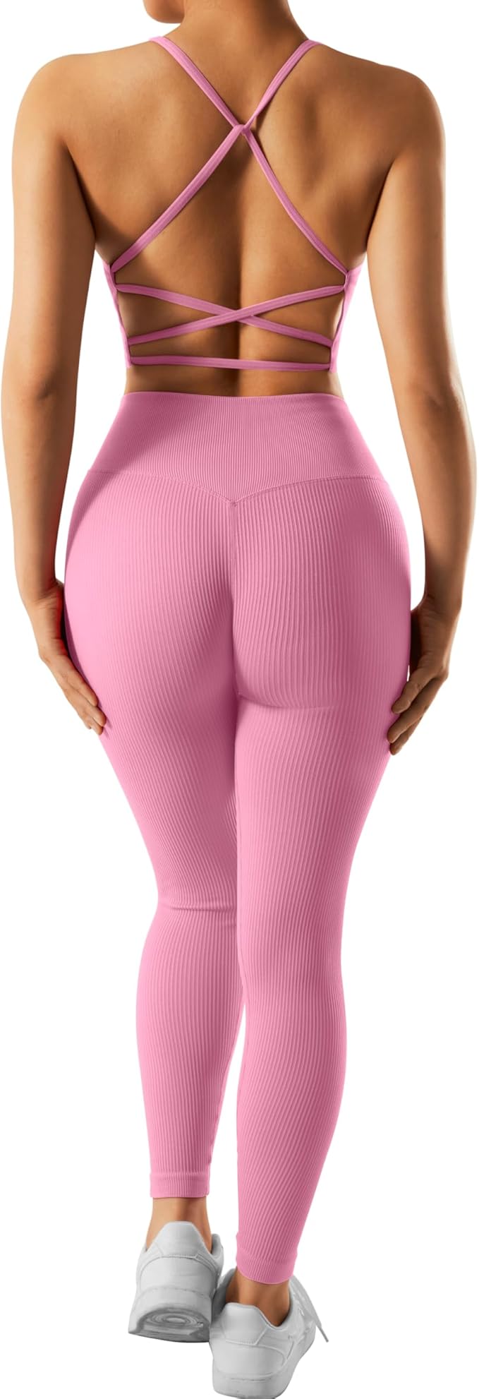 RXRXCOCO Ribbed Workout Sets for Women 2 Piece Backless Strappy Sports Bra Seamless Leggings Matching Set Yoga Outfits