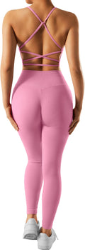 RXRXCOCO Ribbed Workout Sets for Women 2 Piece Backless Strappy Sports Bra Seamless Leggings Matching Set Yoga Outfits