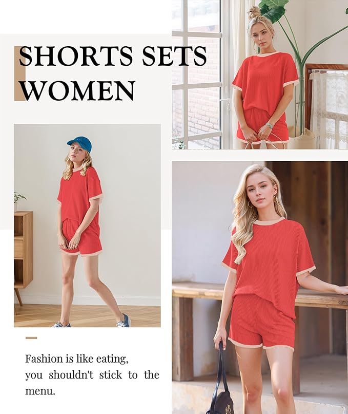 MARZXIN Women 2 Piece Shorts Set 2026 Casual Summer Cruise Outfits Ribbed Loose Short Sleeve Pocket Matching Lounge Sets