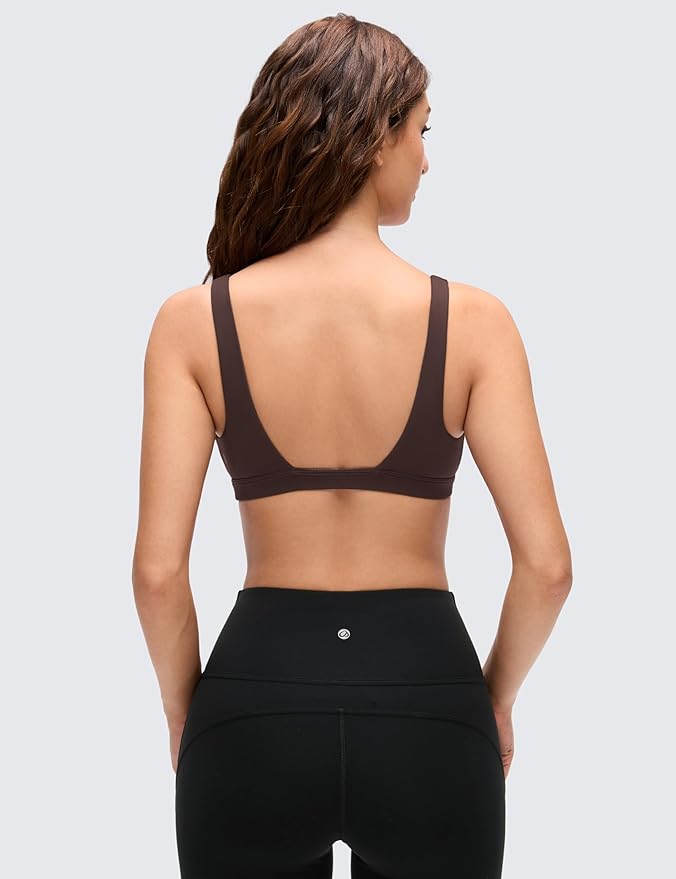 CRZ YOGA Butterluxe Soft Double Lined Deep V Neck Sports Bras for Women - Open Back Yoga Crop Top Casual Non Padded
