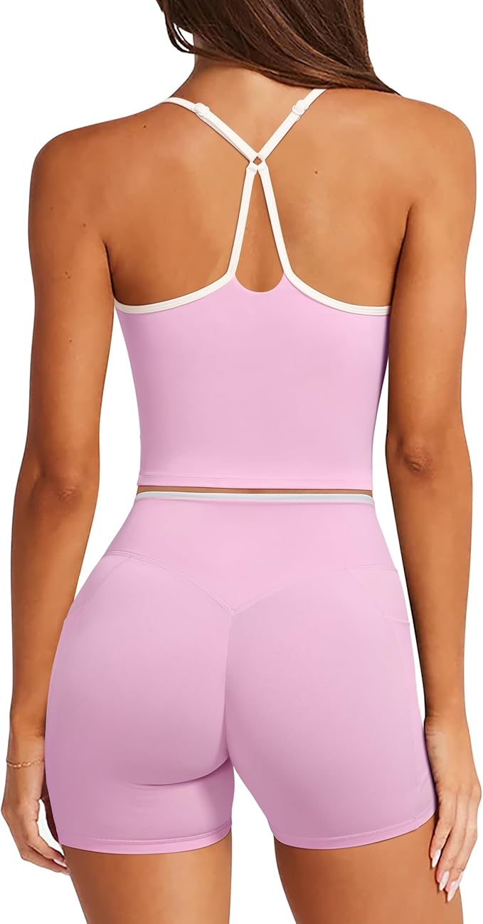 RXRXCOCO Color Block Workout Sets for Women 2 Piece Padded Strappy Tank Tops Hidden Scrunch Booty Shorts with Pockets