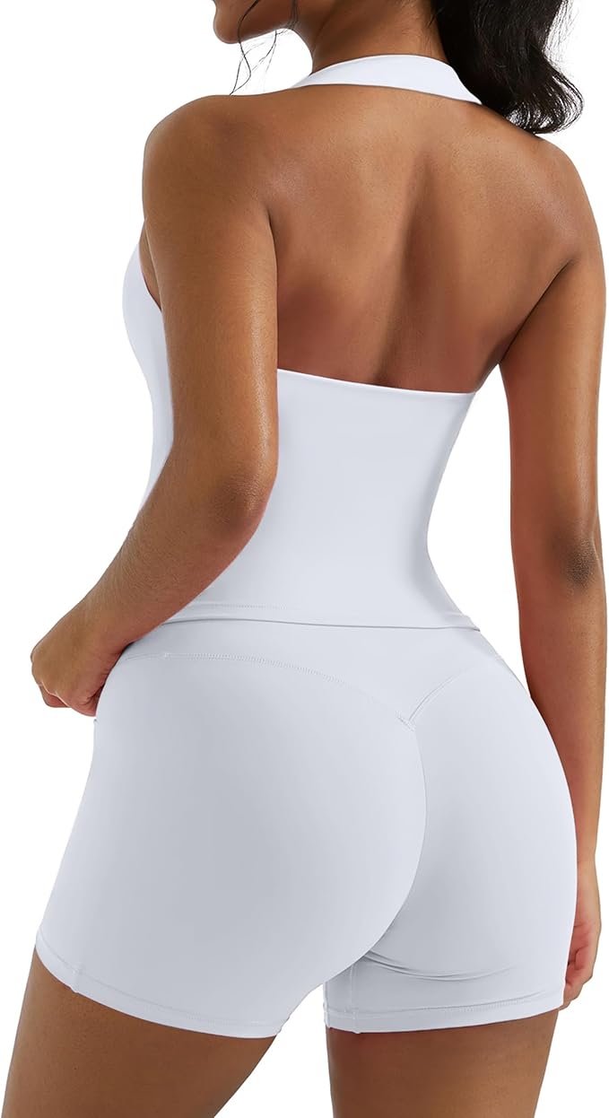 OMKAGI 2 Piece Workout Sets for Women Halter Sports Bra Tank Gym Biker Shorts Outfits
