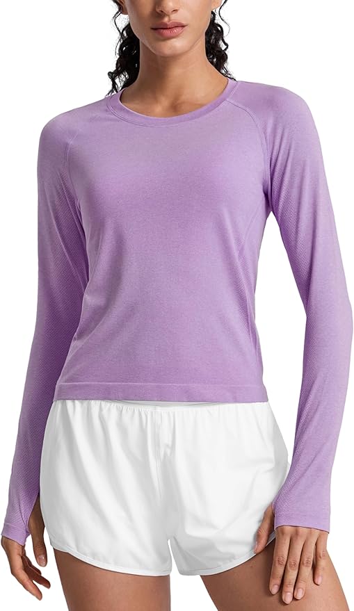 CRZ YOGA Seamless Long Sleeve Shirts for Women Waist Length - Workout Athletic Running Gym Yoga Tops Crewneck Breathable