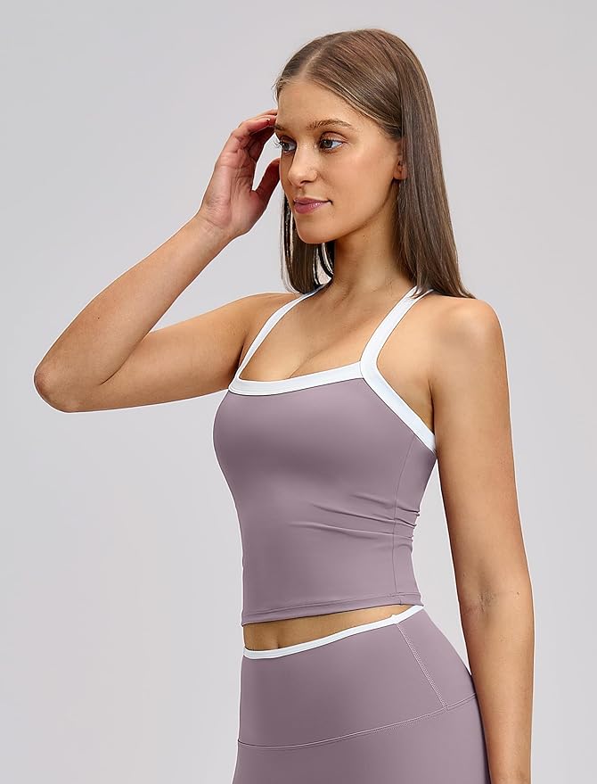 QBGJTD Womens Longline Sports Bras Cross Back Active Gym Yoga Padded Workout Crop Tank Top with Built in Bra