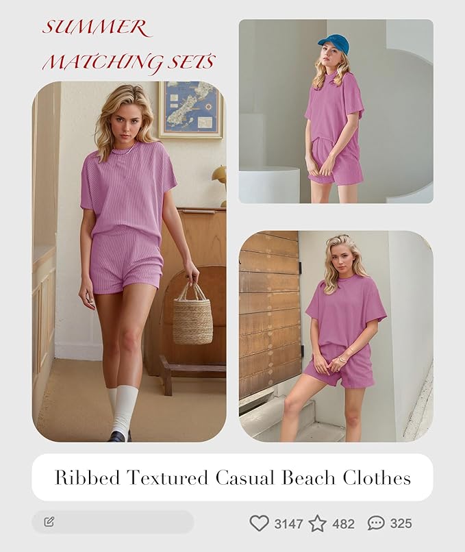 MARZXIN Women 2 Piece Shorts Set 2026 Casual Summer Cruise Outfits Ribbed Loose Short Sleeve Pocket Matching Lounge Sets