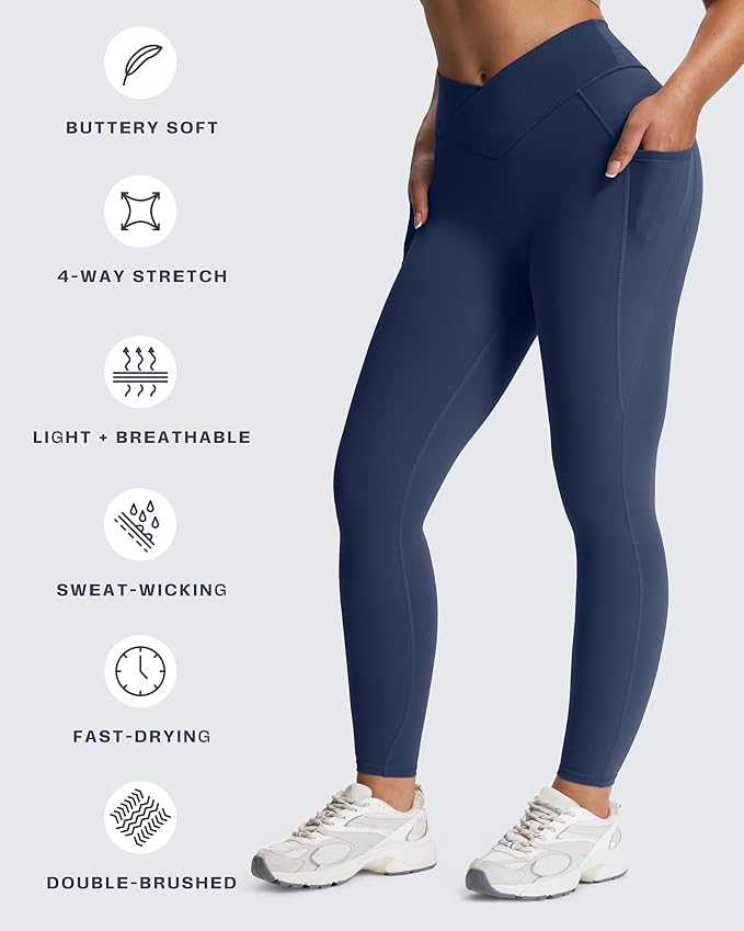 Aoxjox Women's Trinity High Waisted Yoga Pants with Pockets Cross-Waist Tummy Control Buttery Soft Workout Leggings 26"