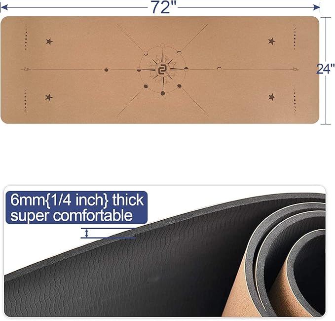 Numat Cork Yoga Mat 6mm (1/4 inch) Thick 72 x 24 in, Sweatproof NonSlip Eco-friendly, Lightweight TPE foam with Alignment Lines, Great for Hot Yoga, Pilates, Gym and Exercise, Black Carrying Bag w. Strap Included