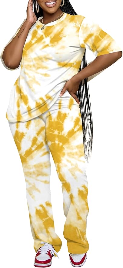 PINSV Women 2 Piece Outfits Short Sleeve Top and Flare Pants Lounge Sets Tracksuit