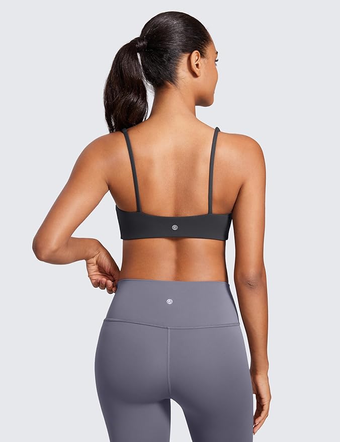 CRZ YOGA Butterluxe Square Neck Spaghetti Strap Sports Bras for Women - Low Coverage Yoga Wireless Padded Cami Crop Top
