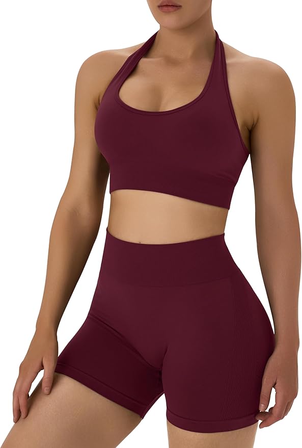 OLCHEE Workout Sets for Women 2 Piece Backless Halter Sports Bra High Waist Booty Shorts Yoga Gym Outfits Lounge Activewear
