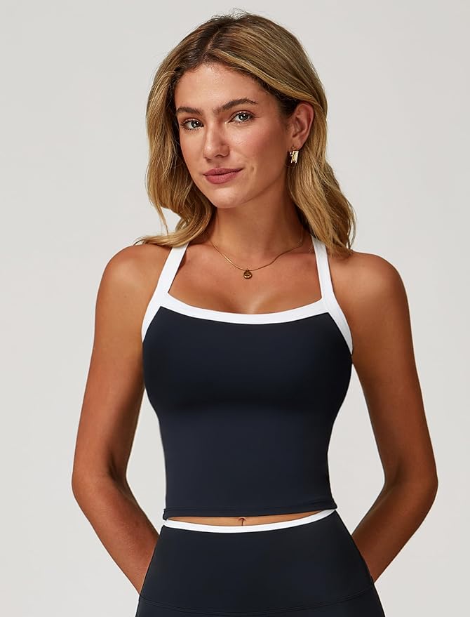 QBGJTD Womens Longline Sports Bras Cross Back Active Gym Yoga Padded Workout Crop Tank Top with Built in Bra