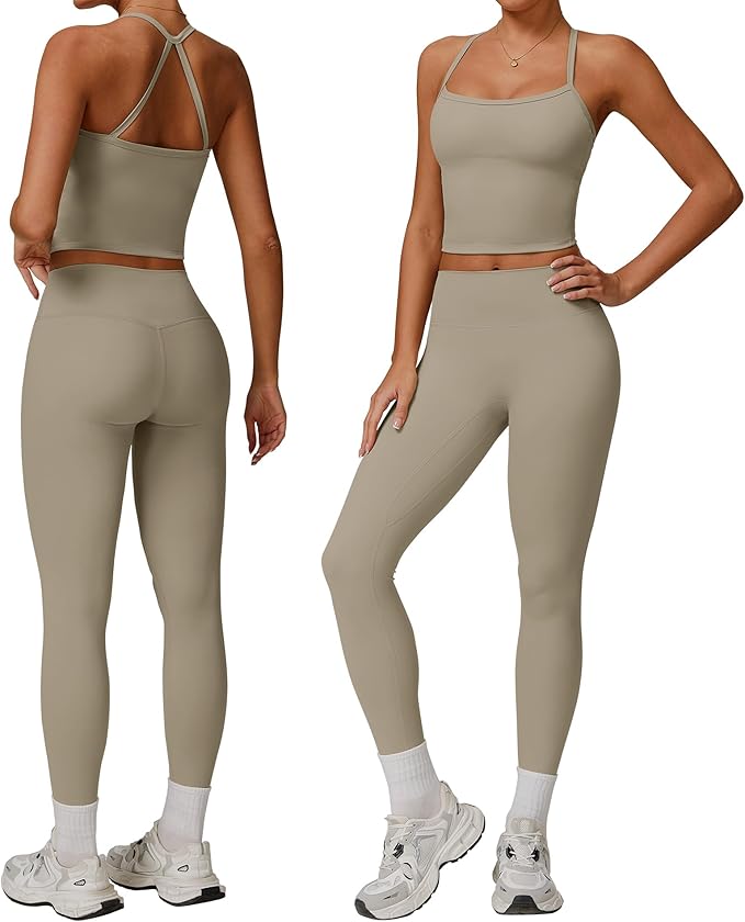 Women 2 Piece Workout Sets (NEW) Yoga Outfit Open Back Tank Top High Waisted Leggings Gym Sets Tracksuits