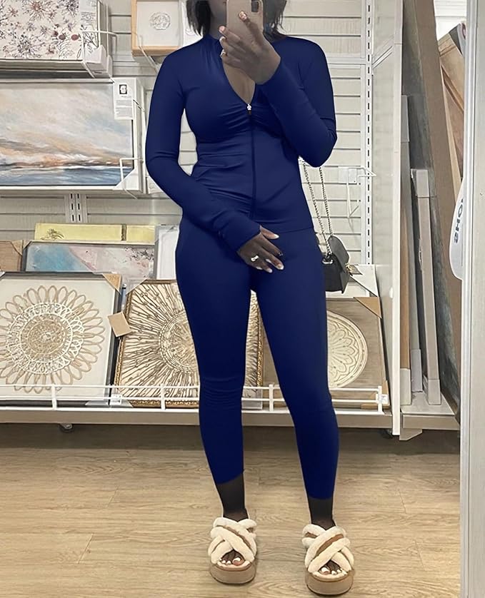 UOUA Two Piece Outfits Women Tracksuit Sets Long Sleeve Zip Up Jacket & Leggings for Gym Workout Set