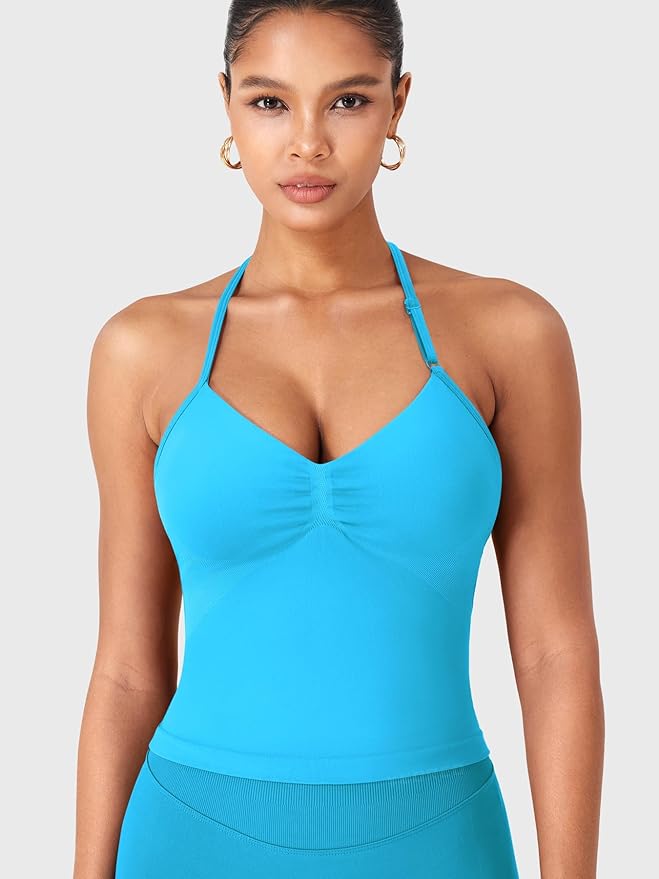 YEOREO SoftHue Impact Longline Strappy Top Women's Halter Workout Tank Tops Backless Gym Longline with Adjustable Strap
