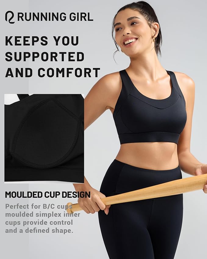 RUNNING GIRL Sports Bra for Women High Support, Molded Cup High Impact Sports Bras with Sewn in Pads Strappy Running Bra