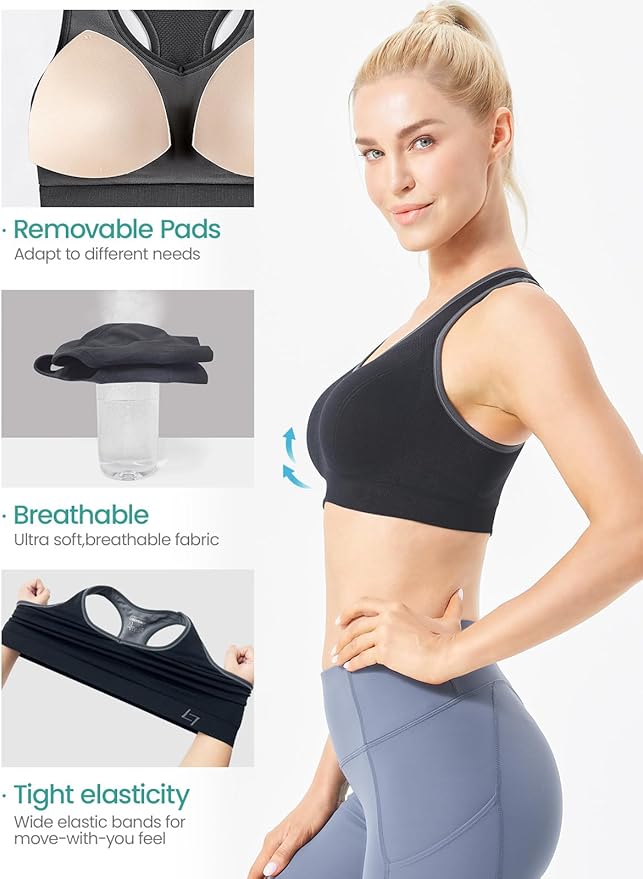 FITTIN Racerback Sports Bras for Women - Padded Comfortable Seamless Support for Yoga Workout Gym - for Plus Size Large Bust