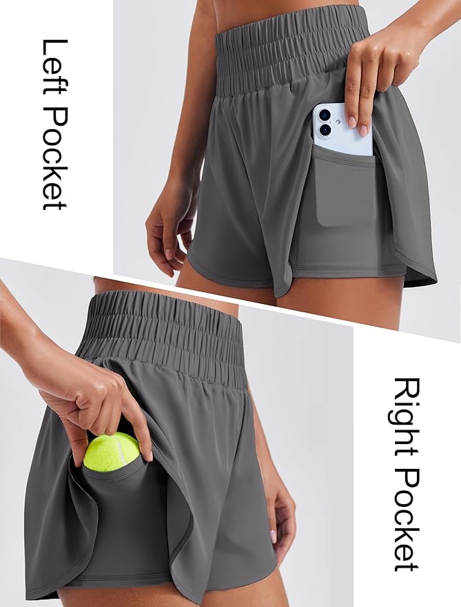 PINSPARK Women's 2 in 1 Running Shorts High-Split Athletic Short High Waisted 3" Liner Workout Gym Short with Pockets