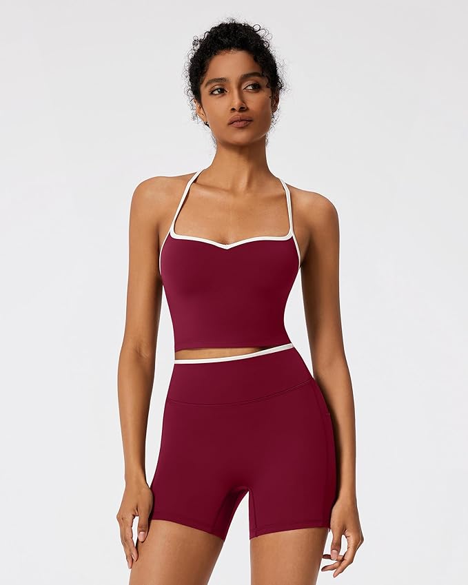 RXRXCOCO Color Block Workout Sets for Women 2 Piece Padded Strappy Tank Tops Hidden Scrunch Booty Shorts with Pockets