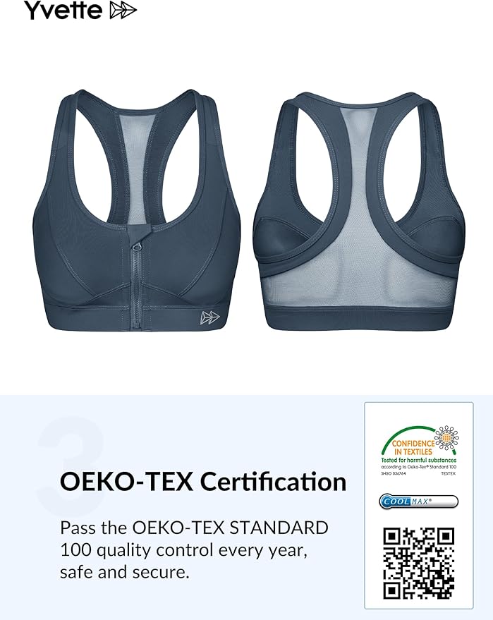 Yvette Zip Front Sports Bra - High Impact Sports Bras for Women Plus Size Workout Fitness Running