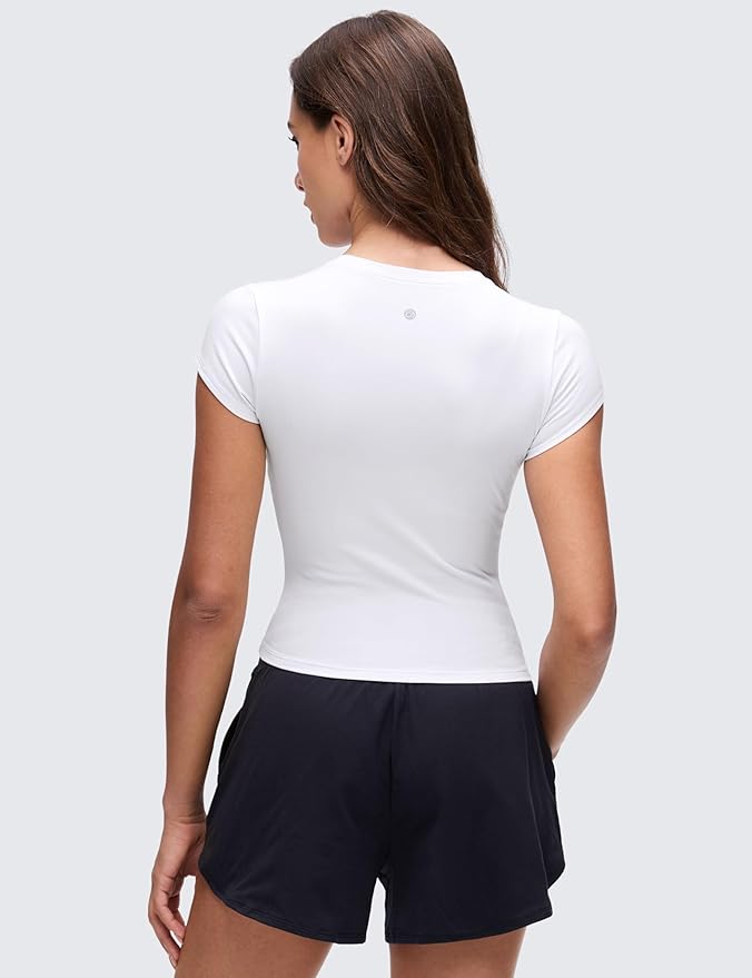CRZ YOGA Cloud Jersey Crewneck Baby Tee for Women - Casual Workout Basic Short Sleeve Shirts Summer Daily Soft Stretchy Tops