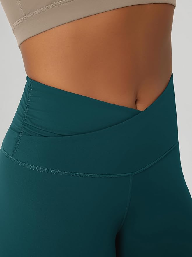 ODODOS Women's Cross Waist Yoga Leggings with Inner Pocket, 23"/25"/28" Gathered Crossover Workout Yoga Pants