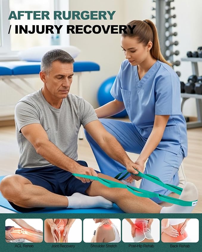 Trideer Stretching Strap with Loops & Leg Lifter, Non-Elastic PT-Style Physical Therapy Strap for Knee Replacement Rehab, Hamstring, Calf & Back Stretcher Mobility, Hip, Shoulder & Yoga