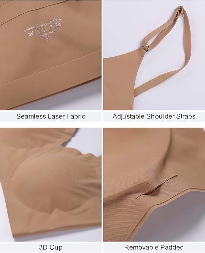 DEANGELMON V Neck Bra Padded Seamless Adjustable Straps Bralettes Everyday Basic Sleeping Bras Multiple Pack