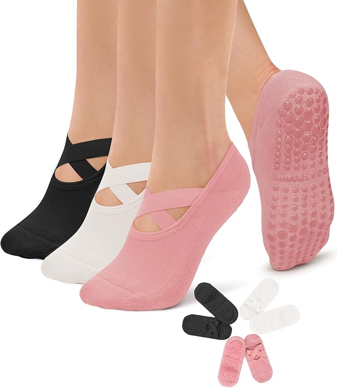 Diu Life 3 Pack Pilates Socks Yoga Socks with Grips for Women Non Slip, Workout, Pure Barre, Ballet, Dance, Hospital Socks
