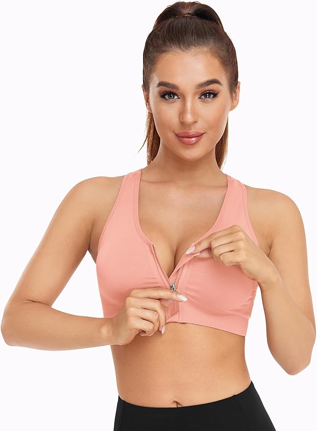 Women's Zip Front Sports Bra Wireless Post-Surgery Bra Active Yoga Sports Bras