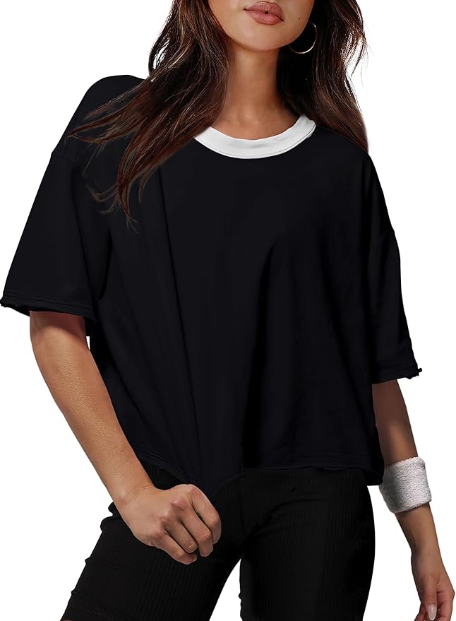 XIEERDUO Cotton Tshirts for Women Drop Shoulder Round Neck Oversized Crop Tops Workout Tops Tees