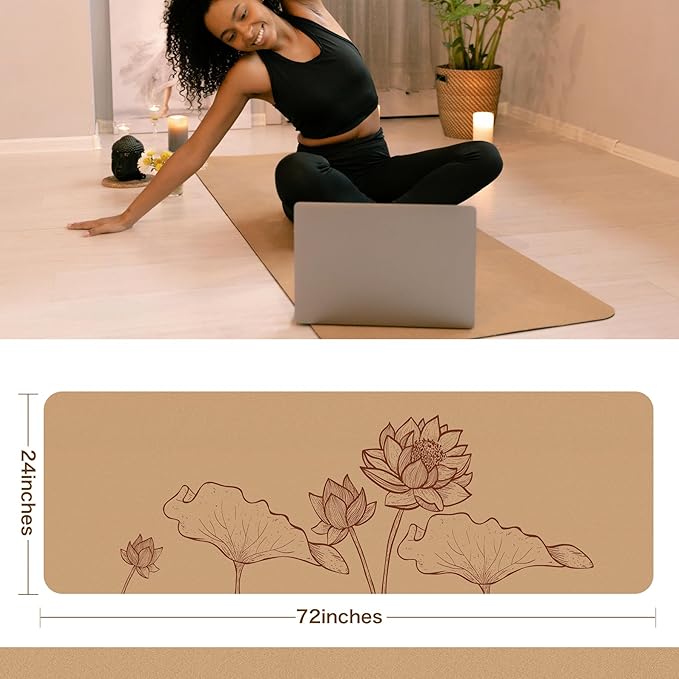 Premium Cork Yoga Mat Non Slip Thick Cork Exercise & Fitness Mat for Yoga, Pilates, & Home Workouts(72" x 24" x 5mm Thick)