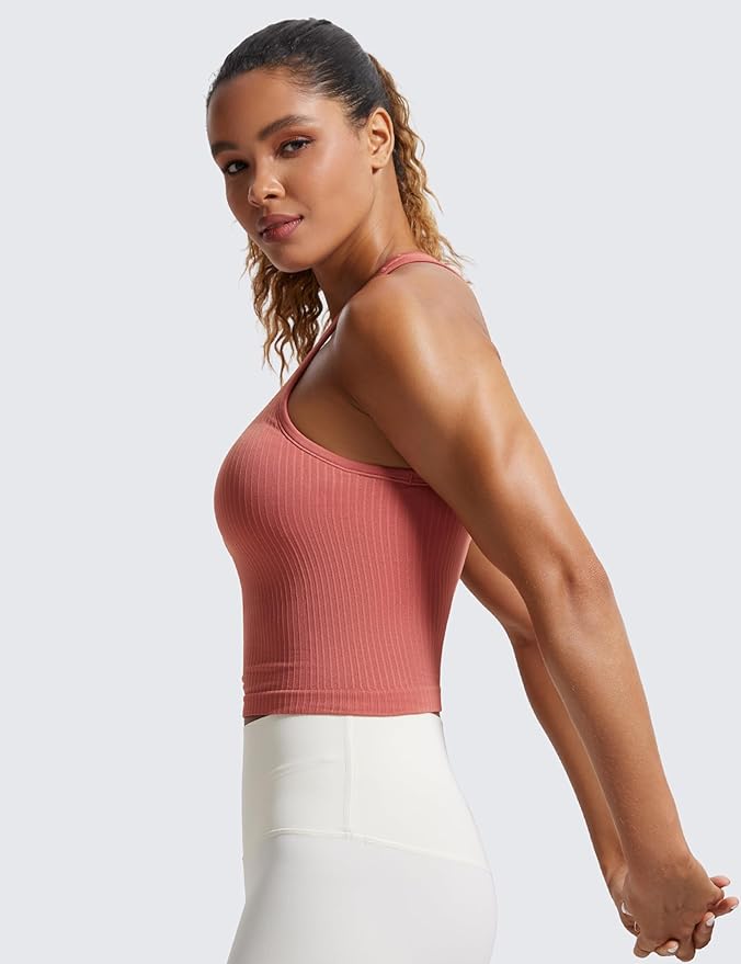 CRZ YOGA Seamless Ribbed High Neck Crop Tank Tops for Women - Longline Racerback Padded Sports Bras