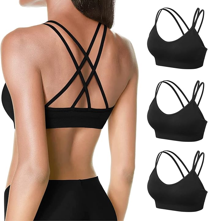 VEQKING Women's Cross Back Sports Bra Padded Strappy Medium Support Yoga Bra for Workout Fitness 3 Pack