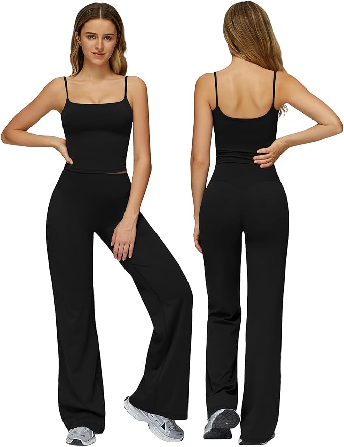 QBGJTD Womens Workout Sets Two Piece Spaghetti Straps Crop Top Matching Straight Leg Pants Gym Work Pilates Outfits