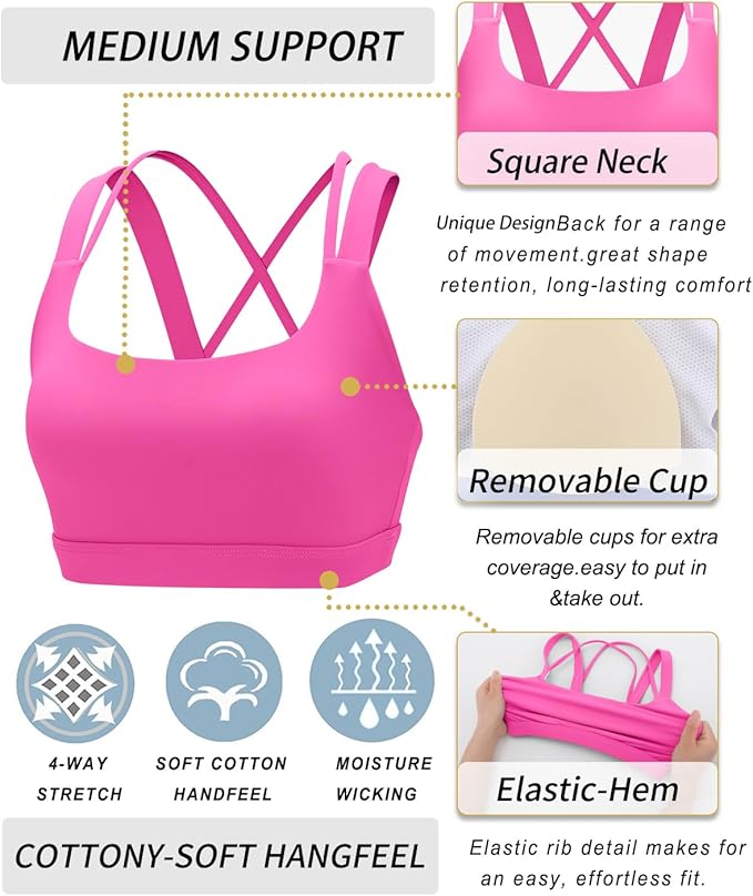 RUNNING GIRL Sports Bras for Women,Padded Strappy Sports Bras Criss-Cross Back Medium Support Sports Bras with Removable Cups