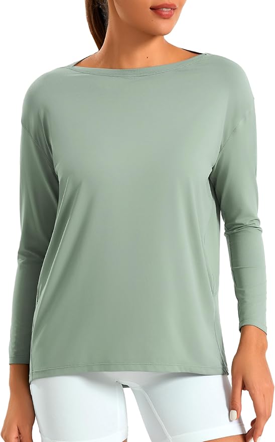 JOYSPELS Ice Silk Boat Neck Long Sleeve Workout Tops for Women Loose Fit Athletic Running Gym Yoga Shirts