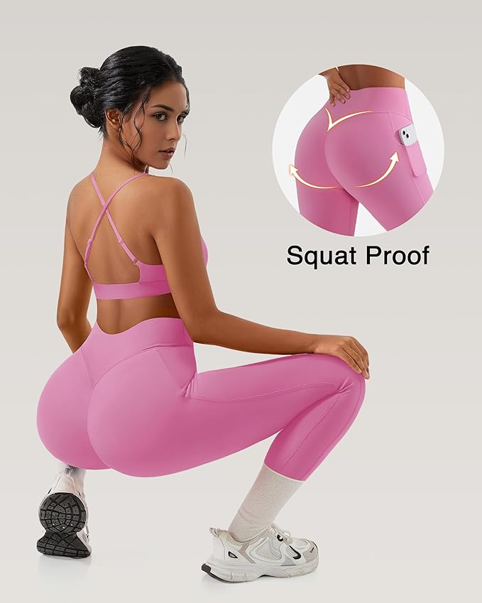 RXRXCOCO 2 Piece Workout Sets for Women Strappy Sports Bra Booty Leggings with Pockets Yoga Gym Outfits