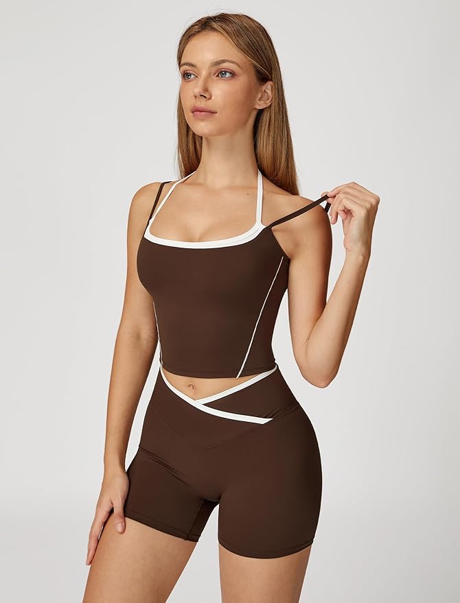 ABOCIW Workout Sets for Women 2 Piece Color Block Layered Cropped Tank Top Crossover High Waist Biker Shorts Gym Sets