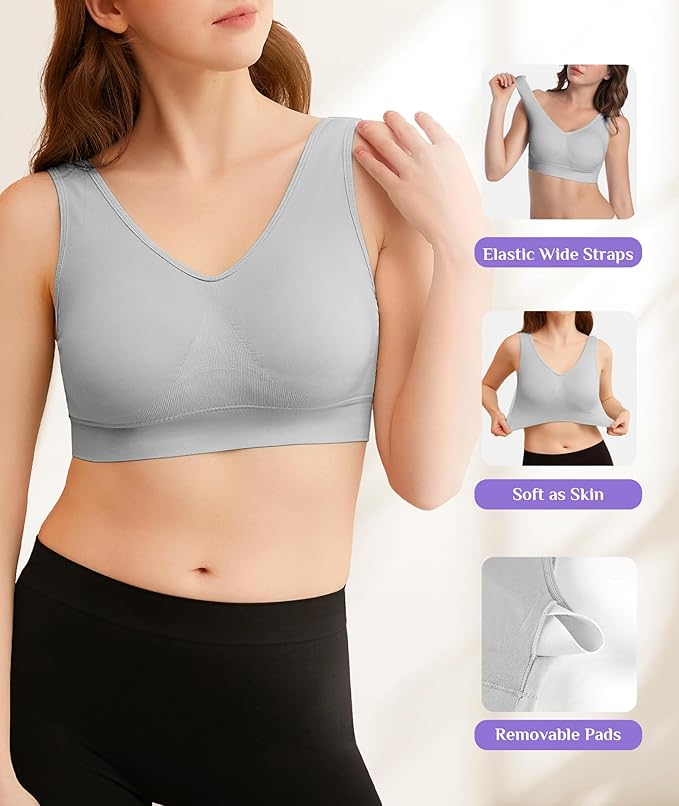 YADIFEN Womens Sports Bras, 3/4/6 Pack Wireless Comfortable Seamless Sleep Yoga Sports Bras for Women with Removable Pads