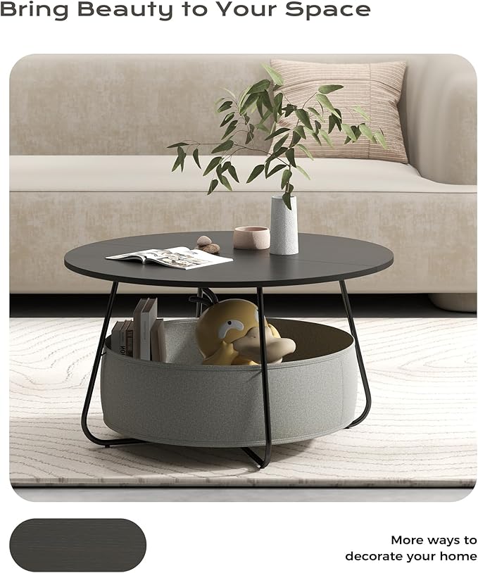 Manora Small Round Coffee Table for Living Room, Modern Center Table with Fabric Basket Storage, Cute Circle Table for Small Spaces, Metal Frame, Espresso