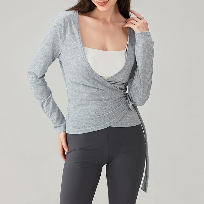 Women Ballet Wrap Top Long Sleeve Self Tie Dance Shirt Pilates Yoga Tops Y2k Workout Active Blouses