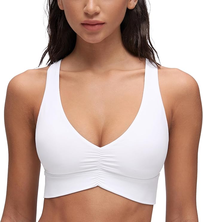 CRZ YOGA Butterluxe Ruched Longline Sports Bras for Women - V Neck Padded Yoga Tank Wide Straps Cross Back Crop Tops