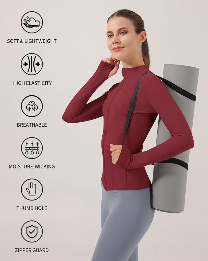 Locachy Women's Slim Fit Full Zip Athletic Running Sports Workout Jacket with Thumb Holes