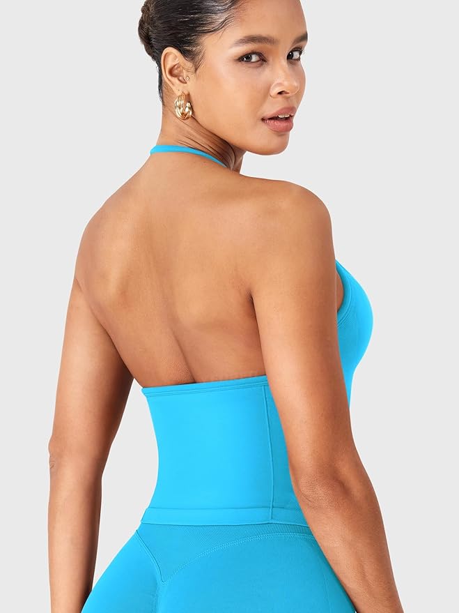 YEOREO SoftHue Impact Longline Strappy Top Women's Halter Workout Tank Tops Backless Gym Longline with Adjustable Strap