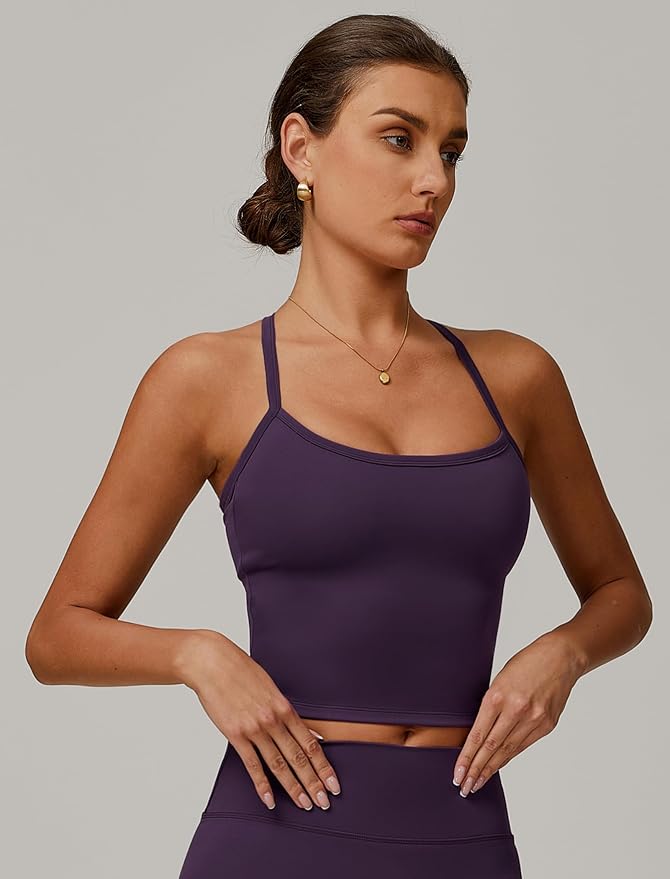 QBGJTD Womens Longline Sports Bras Cross Back Active Gym Yoga Padded Workout Crop Tank Top with Built in Bra
