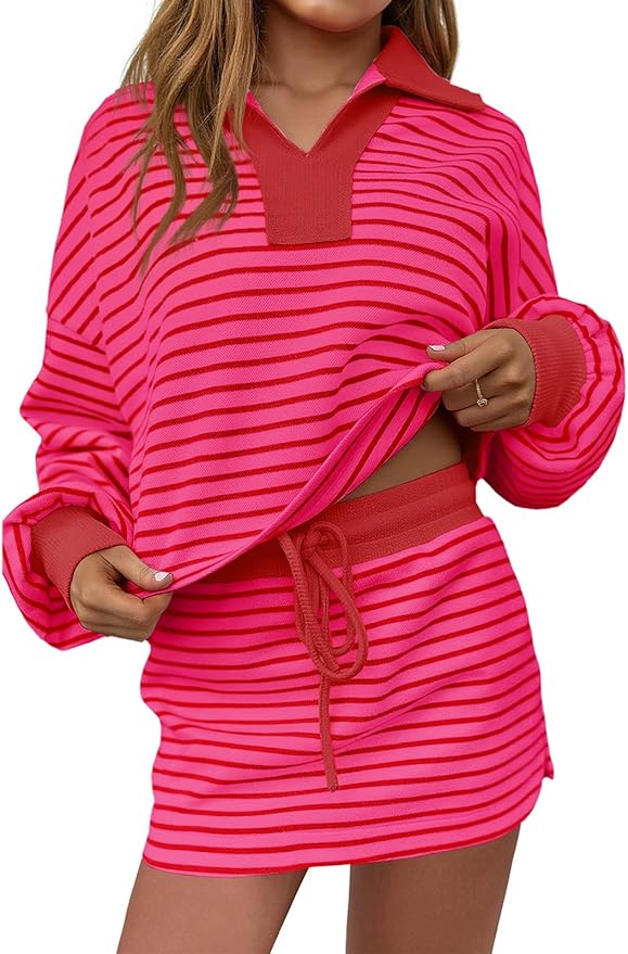 Fisoew Womens Striped 2 Piece Outfits Casual Sweatshirt Skirt Set Long Sleeve Skort Workout Set Matching Lounge Sets
