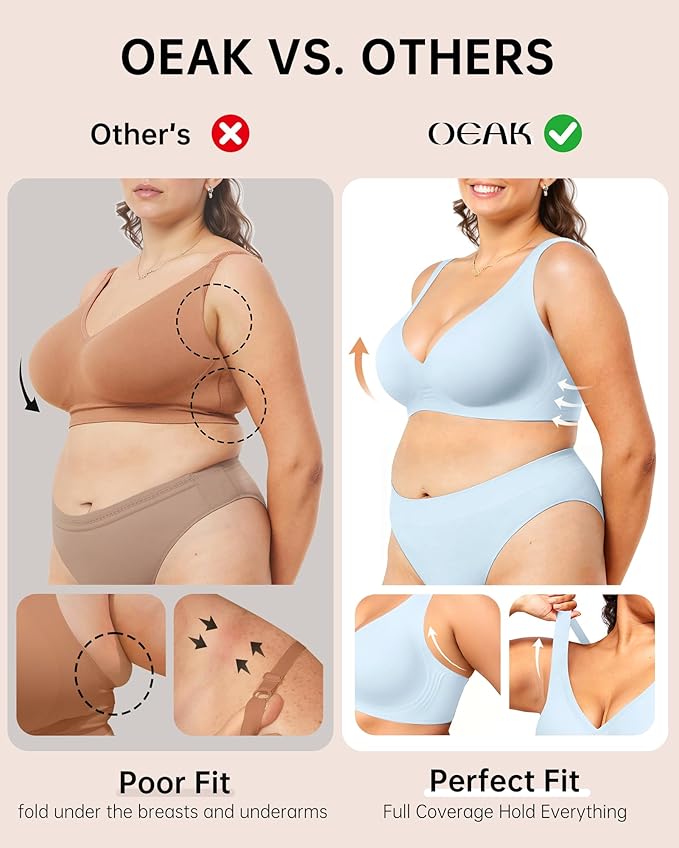 OEAK Womens Deep V Bras Wireless Comfortable Bra Supportive No Underwire Bras Tshirt Push Up Bralettes Plunge Seamless Bra