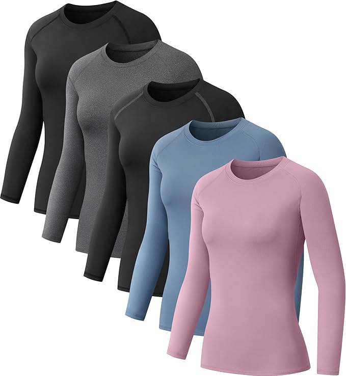 NebuKinex 5 Pack Women's Compression Shirt Long Sleeve Workout Tops Athletic Baselayer Quick Dry Gym Yoga Running T-Shirt